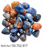 Pile of tumbled sodalite, dumortierite, and carnelian gemstones on white background. Стоковое AI-изображение, AI-художник Иван Рябоконь / Фотобанк Лори