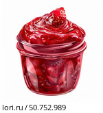 Glass jar overflowing with delicious strawberry jam and fresh strawberry. Стоковое AI-изображение, AI-художник Иван Рябоконь / Фотобанк Лори