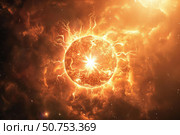 Planet exploding in a bright orange supernova in deep space. Стоковое AI-изображение, AI-художник Иван Рябоконь / Фотобанк Лори