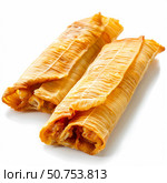 Two delicious tamales wrapped in corn husk showing filling on white background. Стоковое AI-изображение, AI-художник Иван Рябоконь / Фотобанк Лори