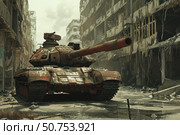 Rusty military tank patrolling deserted war torn city street. Стоковое AI-изображение, AI-художник Иван Рябоконь / Фотобанк Лори
