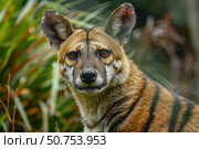 Bush dog looking at camera in natural habitat. Стоковое AI-изображение, AI-художник Иван Рябоконь / Фотобанк Лори