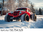 Restored red hot rod driving on deep snow in winter landscape. Стоковое AI-изображение, AI-художник Иван Рябоконь / Фотобанк Лори