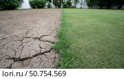Dry soil contrasting with healthy green grass in a well-maintained garden. Стоковое AI-изображение, AI-художник Katsiaryna Repich / Фотобанк Лори