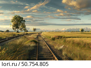 Railroad tracks disappearing into the horizon of a golden field at sunset. Стоковое AI-изображение, AI-художник Иван Рябоконь / Фотобанк Лори