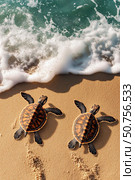 Turtle Hatchlings Making Their Way to the Ocean on a Sandy Beach at Sunrise. Стоковое AI-изображение, AI-художник Юлия Гапеенко / Фотобанк Лори