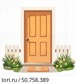 Inviting wooden door with garden flowers and picket fence, welcome home. Стоковое AI-изображение, AI-художник Ольга Невская / Фотобанк Лори