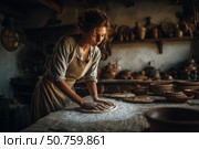 Female artisan baking bread in rustic kitchen with wooden decor and warm lighting. Стоковое AI-изображение, AI-художник Мария Фадеева / Фотобанк Лори