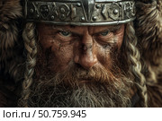 Viking warrior king wearing animal skin and metal helmet staring fiercely. Стоковое AI-изображение, AI-художник Иван Рябоконь / Фотобанк Лори