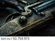Close up of antique engraved revolver showing fine metalwork and aged patina. Стоковое AI-изображение, AI-художник Иван Рябоконь / Фотобанк Лори