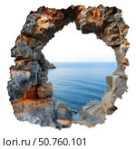 Breathtaking seascape unveiled through rocky arch window. Стоковое AI-изображение, AI-художник Иван Рябоконь / Фотобанк Лори