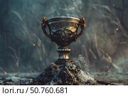 Majestic trophy resting on smoldering ashes. Стоковое AI-изображение, AI-художник Иван Рябоконь / Фотобанк Лори