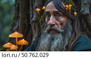 A man with a beard and long hair is sitting under a tree with mushrooms on his head. Стоковое AI-видео, аниматор Виктория Кольцова / Фотобанк Лори