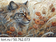 An artistic watercolor illustration depicts a wild predator - a graceful lynx, hidden in tall dry grass and wildflowers in shades of ochre and terracotta. The animal is depicted with amazing detail: expressive amber eyes, thick fur and attentive gaze convey a moment of concentrated observation. The warm and natural color palette emphasizes the atmosphere of late summer or early autumn in the wild. The painting creates a feeling of silence, fragility and hidden strength. Стоковое AI-изображение, AI-художник Анна Кривицкая / Фотобанк Лори