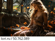 An elegant portrait of a young woman with long, light, curly hair, sitting by the window in an old-fashioned interior. She is wearing an exquisite lace dress in warm brown tones, emphasizing her sophistication. The atmosphere is complemented by autumn leaves floating in the air and lying on the windowsill. Soft light penetrates through the stained glass window, creating a warm, dreamy mood. The image is filled with romance, autumn sadness and a sense of solitude. Стоковое AI-изображение, AI-художник Анна Кривицкая / Фотобанк Лори