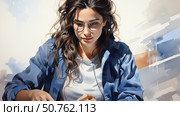 Modern digital illustration of a young woman with long wavy hair and glasses, focused on work or studying. She is wearing a white t-shirt and a blue shirt, creating a casual and stylish image. In the background there is a light abstract watercolor brushstroke, emphasizing the creative atmosphere. The image conveys a sense of concentration, comfort and intellectual activity. Great for education, remote work, freelancing, creative industry and everyday life topics. Стоковое AI-изображение, AI-художник Анна Кривицкая / Фотобанк Лори