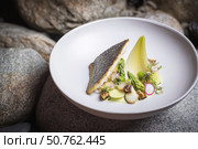 Gourmet plated fish fillet with asparagus and vegetable arrangement. Стоковое AI-изображение, AI-художник Катерина Бондарец / Фотобанк Лори