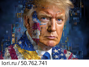 Портрет президента Дональда Трампа в костюме, раскрашенном флагами США и Украины. Сюрреалистическая абстрактная живопись маслом. Стоковое AI-изображение, AI-художник Щеголева Ольга / Фотобанк Лори