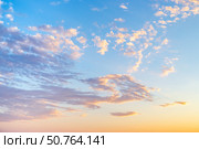 Sunrise with light cirrus clouds in soft orange and pink tones, with the sun on the horizon. Стоковое фото, фотограф Коханова Наталья / Фотобанк Лори