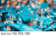 Celebration of Academic Achievement: Graduates in Teal Caps and Gowns Amidst Confetti. Стоковое AI-изображение, AI-художник Данила Большаков / Фотобанк Лори