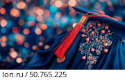 Graduation Cap and Gown Detail: Achievement, Celebration, and Elegance. Стоковое AI-изображение, AI-художник Данила Большаков / Фотобанк Лори
