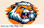 Fierce Lion Head Illustration: Orange, Teal, and White Mascot Design. Стоковое AI-изображение, AI-художник Данила Большаков / Фотобанк Лори