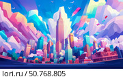Stylized Cityscape: A Vibrant, Geometric Metropolis with a Towering Skyscraper. Стоковое AI-изображение, AI-художник Данила Большаков / Фотобанк Лори