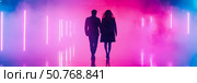 Silhouette Couple Walking Neon Lightscape: Futuristic Romance in Vibrant Hues. Стоковое AI-изображение, AI-художник Данила Большаков / Фотобанк Лори