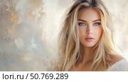 Elegant portrait of a woman with striking blue eyes and golden accents in her hair, set against a warm, textured background Generative AI. Стоковое AI-изображение, AI-художник Елена Зубкова / Фотобанк Лори