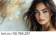 Elegant portrait of a woman with striking blue eyes and golden accents in a soft, artistic background Generative AI. Стоковое AI-изображение, AI-художник Елена Зубкова / Фотобанк Лори