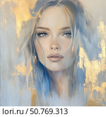 Portrait of a woman with golden accents showcasing tranquility and beauty in a captivating artistic representation Generative AI. Стоковое AI-изображение, AI-художник Елена Зубкова / Фотобанк Лори