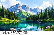 A crystal-clear alpine lake surrounded by evergreens and mountains symbolizing tranquility, adventure, and the pristine beauty of untouched wilderness. Watercolor painting. Стоковое AI-изображение, AI-художник Ольга Сухарева / Фотобанк Лори
