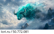 Celestial Azure Aurochs: A mythical beast emerges from clouds above a mountainous landscape. Стоковое AI-изображение, AI-художник Данила Большаков / Фотобанк Лори