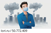 Young man wearing protective mask against air pollution in the city. Стоковое AI-видео, аниматор Юрий Поздников / Фотобанк Лори