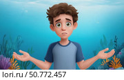 Confused young boy shrugging underwater in front of coral reef. Стоковое AI-видео, аниматор Юрий Поздников / Фотобанк Лори