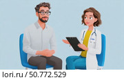 Doctor explaining diagnosis to patient on blue background. Стоковое AI-видео, аниматор Юрий Поздников / Фотобанк Лори