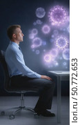 Businessman sitting at desk with virus cells moving in background. Стоковое AI-видео, аниматор Юрий Поздников / Фотобанк Лори