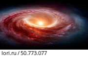 A Captivating View of a Vibrant Cosmic Spiral Galaxy with a Bright Center Radiating Energetic Light Surrounded by Colorful Nebulae and Stars. Стоковое AI-изображение, AI-художник Башкирова Анна / Фотобанк Лори