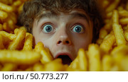 Astonished Young Man Surrounded by French Fries: A Close-Up Portrait. Стоковое AI-изображение, AI-художник Данила Большаков / Фотобанк Лори