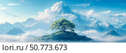 Serene Treetop Summit: A solitary tree stands majestically atop a verdant hill, overlooking a breathtaking panorama of snow-capped mountains shrouded in mist under a vibrant sky. Стоковое AI-изображение, AI-художник Данила Большаков / Фотобанк Лори