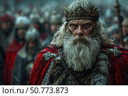 Portrait of a stern old king with a long gray beard and a deeply penetrating gaze. He is dressed in a rich royal robe with red velvet and fur trim, decorated with metal ornaments. On his head he has a massive crown with ancient symbols. Against the background of a blurred army and rainy weather, an atmosphere of historical era and grandeur is created. An ideal image for historical films, reconstructions and epic stories. Стоковое AI-изображение, AI-художник Анна Кривицкая / Фотобанк Лори