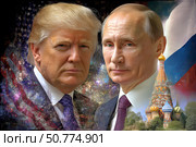 Владимир Путин и Дональд Трамп на фоне государственных флагов. Цифровой коллаж. Стоковое AI-изображение, AI-художник Щеголева Ольга / Фотобанк Лори