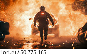 Brave Firefighter Battling Blaze: Dramatic Scene of a First Responder Amidst Infernal Flames. Стоковое AI-изображение, AI-художник Данила Большаков / Фотобанк Лори