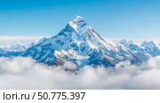 Majestic Himalayan Peak Rising Above Clouds: A Breathtaking Scenery. Стоковое AI-изображение, AI-художник Данила Большаков / Фотобанк Лори