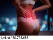 Back pain, kidney inflammation, woman suffering from backache at home. Стоковое AI-изображение, AI-художник Станислав Тарко / Фотобанк Лори