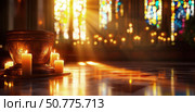 Warm sunlight streams through stained glass onto candles and an ornate bronze bowl in a tranquil church interior, evoking peace, spirituality, and sacred atmosphere. Стоковое AI-изображение, AI-художник Катерина Бондарец / Фотобанк Лори