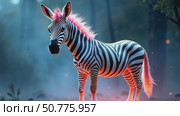 Zebra with glowing pink mane walking in a fantasy forest. Magical creature concept in a dream like landscape footage. Стоковое AI-видео, аниматор Анжелика Самсонова / Фотобанк Лори