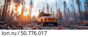 Sunlit Aftermath: Vehicle in a Scorched Forest at Sunset. Стоковое AI-изображение, AI-художник Данила Большаков / Фотобанк Лори