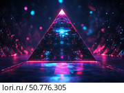 A glowing neon pyramid floats suspended in a dark mystical void, its intricate inner patterns pulsing with vibrant electric light ,  created by ai. Стоковое AI-изображение, AI-художник Виталий Сова / Фотобанк Лори