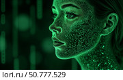 Digital woman with glowing circuit patterns on face in green light. Стоковое AI-изображение, AI-художник Андрей Бажанов / Фотобанк Лори